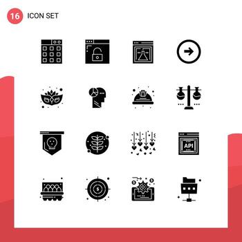 Modern Set of 16 Solid Glyphs Pictograph of mask right lab user interface button Editable Vector Design Elements