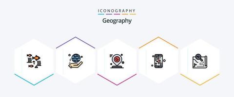 paquete de iconos de línea completa de 25 geografías que incluye mapa. móvil. mundo. Marcos. alfiler vector