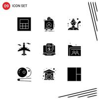 Editable Vector Line Pack of 9 Simple Solid Glyphs of model world golf transport airplane Editable Vector Design Elements