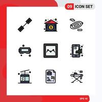 Pack of 9 Modern Filledline Flat Colors Signs and Symbols for Web Print Media such as business chart science analytics google glass Editable Vector Design Elements