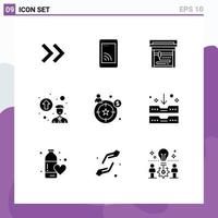 Pack of 9 Modern Solid Glyphs Signs and Symbols for Web Print Media such as drawer archive printing target buyer persona Editable Vector Design Elements