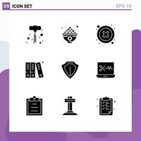 Pack of 9 Modern Solid Glyphs Signs and Symbols for Web Print Media such as locked sheild cancel history archive Editable Vector Design Elements