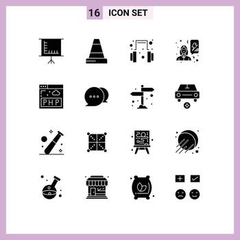16 conceptos de glifos sólidos para sitios web, aplicaciones móviles y programas de comunicación compatibles con php, celebran elementos de diseño de vectores editables