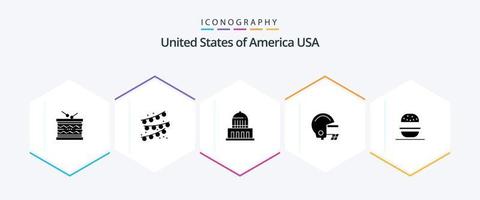 Paquete de iconos de 25 glifos de EE. UU., incluido americano. hamburguesa. edificio. casco. americano vector