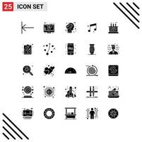 Set of 25 Commercial Solid Glyphs pack for lab tube ecology sound audio Editable Vector Design Elements