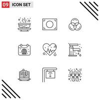 User Interface Pack of 9 Basic Outlines of heart world rgb globe day Editable Vector Design Elements