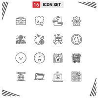 Set of 16 Vector Outlines on Grid for folders setting pollution gear sport Editable Vector Design Elements