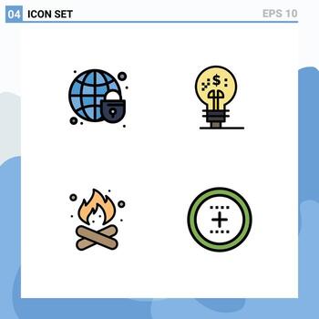 Set of 4 Vector Filledline Flat Colors on Grid for global security camping globe fintech hot Editable Vector Design Elements