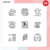 Pictogram Set of 9 Simple Outlines of protection hacker cream file property Editable Vector Design Elements
