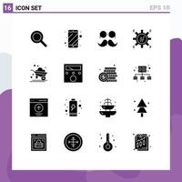 Set of 16 Commercial Solid Glyphs pack for farm marketing technology hipster marketing process marketing automation Editable Vector Design Elements