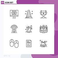 Set of 9 Vector Outlines on Grid for entrepreneur drink cinema cup light Editable Vector Design Elements