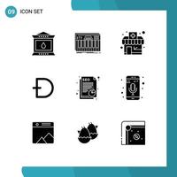 Group of 9 Solid Glyphs Signs and Symbols for document cryptocurrency sound crypto dogecoin Editable Vector Design Elements