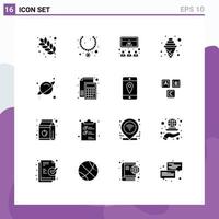 Group of 16 Modern Solid Glyphs Set for planet ice call cream video Editable Vector Design Elements