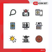 Pack of 9 Modern Filledline Flat Colors Signs and Symbols for Web Print Media such as editing time condom mobile application application Editable Vector Design Elements