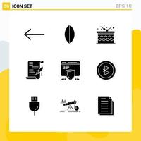 9 User Interface Solid Glyph Pack of modern Signs and Symbols of connection web happy shield protection Editable Vector Design Elements