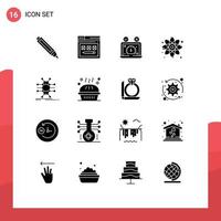 16 User Interface Solid Glyph Pack of modern Signs and Symbols of distribution molecule speed test particle website Editable Vector Design Elements