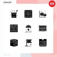 Modern Set of 9 Solid Glyphs Pictograph of umbrella website arrow web page Editable Vector Design Elements