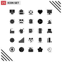 grupo de 25 signos y símbolos de glifos sólidos para la pantalla favorita de alerta, como elementos de diseño vectorial editables del corazón vector