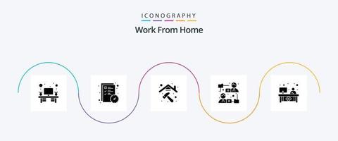 Work From Home Glyph 5 Icon Pack Including workplace. desk. construction. file sharing. internet vector