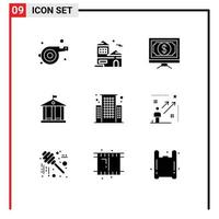 Set of 9 Modern UI Icons Symbols Signs for center building click money bank Editable Vector Design Elements