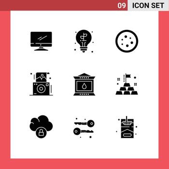 Pack of 9 Modern Solid Glyphs Signs and Symbols for Web Print Media such as polaroid photo plant camera lab Editable Vector Design Elements
