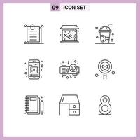 Set of 9 Modern UI Icons Symbols Signs for projector mobile media tank mobile app milkshake Editable Vector Design Elements