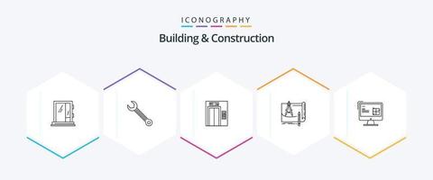 paquete de iconos de 25 líneas de construcción y construcción que incluye papel. Plano. construcción. arquitectura. construcción vector