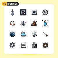 Set of 16 Commercial Flat Color Filled Lines pack for headset communication online call science Editable Creative Vector Design Elements