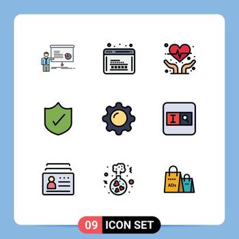 Mobile Interface Filledline Flat Color Set of 9 Pictograms of display security web protection heart health Editable Vector Design Elements