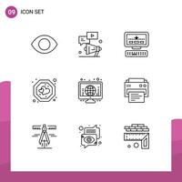 Mobile Interface Outline Set of 9 Pictograms of monitor tag marketing label favorite Editable Vector Design Elements