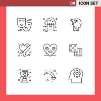 Group of 9 Outlines Signs and Symbols for heart love valentine gender brian Editable Vector Design Elements