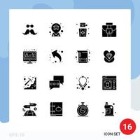 Group of 16 Modern Solid Glyphs Set for display account darts suitcase briefcase Editable Vector Design Elements