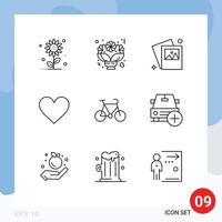 conjunto moderno de 9 esbozos pictograma de rosas favoritas de bicicleta como elementos de diseño vectorial editables de corazón vector