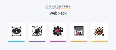 la línea del paquete web llenó el paquete de 5 iconos, incluido el objetivo. cronógrafo. bulbo. virtual. d formas ambientales. diseño de iconos creativos vector