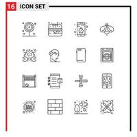 Pack of 16 Modern Outlines Signs and Symbols for Web Print Media such as mechanic bug contact honey bee Editable Vector Design Elements