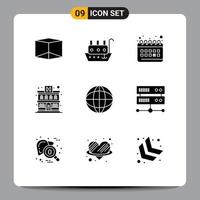 Solid Glyph Pack of 9 Universal Symbols of database server globe planning finance hotel Editable Vector Design Elements