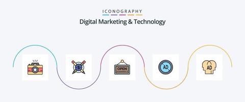 La línea de marketing digital y tecnología llenó el paquete de iconos planos 5 que incluye conocimiento. digital. abierto. bloqueador de anuncios. anuncio vector