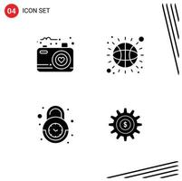 Pack of 4 Modern Solid Glyphs Signs and Symbols for Web Print Media such as camera lock photo sport security Editable Vector Design Elements