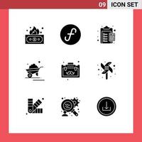 Pack of 9 Modern Solid Glyphs Signs and Symbols for Web Print Media such as wheelbarrow trolley calculate garden payable Editable Vector Design Elements