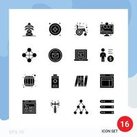 Pack of 16 Modern Solid Glyphs Signs and Symbols for Web Print Media such as basic network wheel hierarchy computer science Editable Vector Design Elements