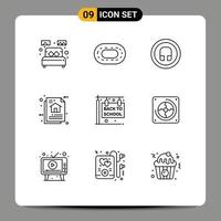 User Interface Pack of 9 Basic Outlines of back to school document earphone data architecture architecture Editable Vector Design Elements