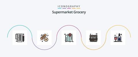 paquete de iconos de 5 planos llenos de línea de supermercado que incluye. carro. vidrio. bebida vector