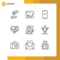 Set of 9 Modern UI Icons Symbols Signs for favorite love like heart android Editable Vector Design Elements