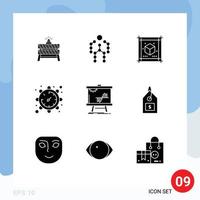 9 User Interface Solid Glyph Pack of modern Signs and Symbols of watch setting human gear paper Editable Vector Design Elements