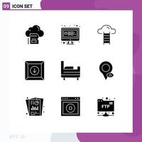 Pack of 9 Modern Solid Glyphs Signs and Symbols for Web Print Media such as bed room product chat download interface Editable Vector Design Elements