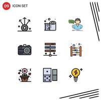 User Interface Pack of 9 Basic Filledline Flat Colors of internet data assistance summer camera Editable Vector Design Elements