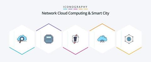 Network Cloud Computing And Smart City 25 FilledLine icon pack including cloud. recycle. computer. management. disposal vector