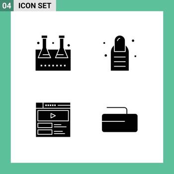 4 interfaz de usuario paquete de glifos sólidos de signos y símbolos modernos de matraz químico reproductor de video laboratorio cristalería pedicura sitio web elementos de diseño vectorial editables vector