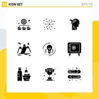 Pictogram Set of 9 Simple Solid Glyphs of light bulb head landscape travel Editable Vector Design Elements