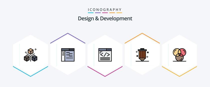 Design and Development 25 FilledLine icon pack including development. coding. page. web development. web content vector